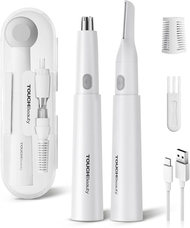 Aparador 2 em 1 TOUCHBeauty para Pelos do Nariz, Orelhas, Sobrancelhas e Face com USB-C e Estojo, Branco
