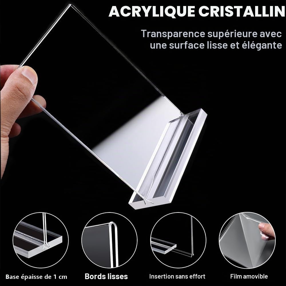 4 Pièces Présentoir de Table A4 en Acrylique,Porte-affiche pour menu de restaurant,Cadre A4 de Bureau pour Photos, Documents et Revues, Porte-Brochure Transparent pour Flyers, Buffet (forme T)