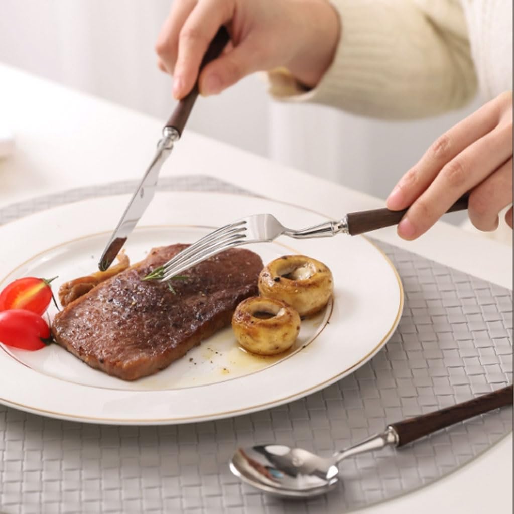 Exquisito Juego de Cubiertos de Acero Inoxidable con Mango de Madera, Utensilios de Cocina Retro, Cuchillo, Tenedor y Cuchara, Juego de Cubiertos Reutilizables para el hogar Práctico