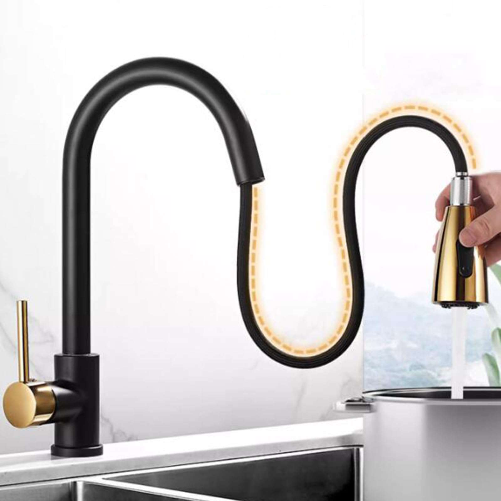 BHFPFZA Pull Out Spray Kitchen Sink Taps, 360° Rotating Brass Faucet, Dual Mode Black & Gold Finish, Modern Kitchen Mixer Tap for Easy Use and Style