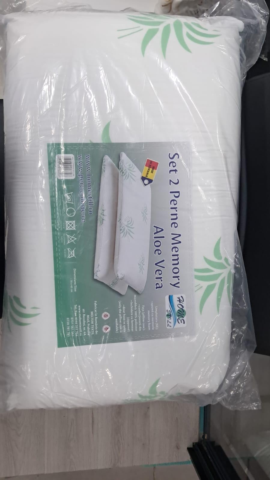 HOME STILL Juego de 2 almohadas de espuma viscoelástica, 40 x 70 x 12 cm, diseño de aloe vera, exterior de microfibra agradable al tacto, soporte para el cuello, sueño profundo y cómodo, lavable a