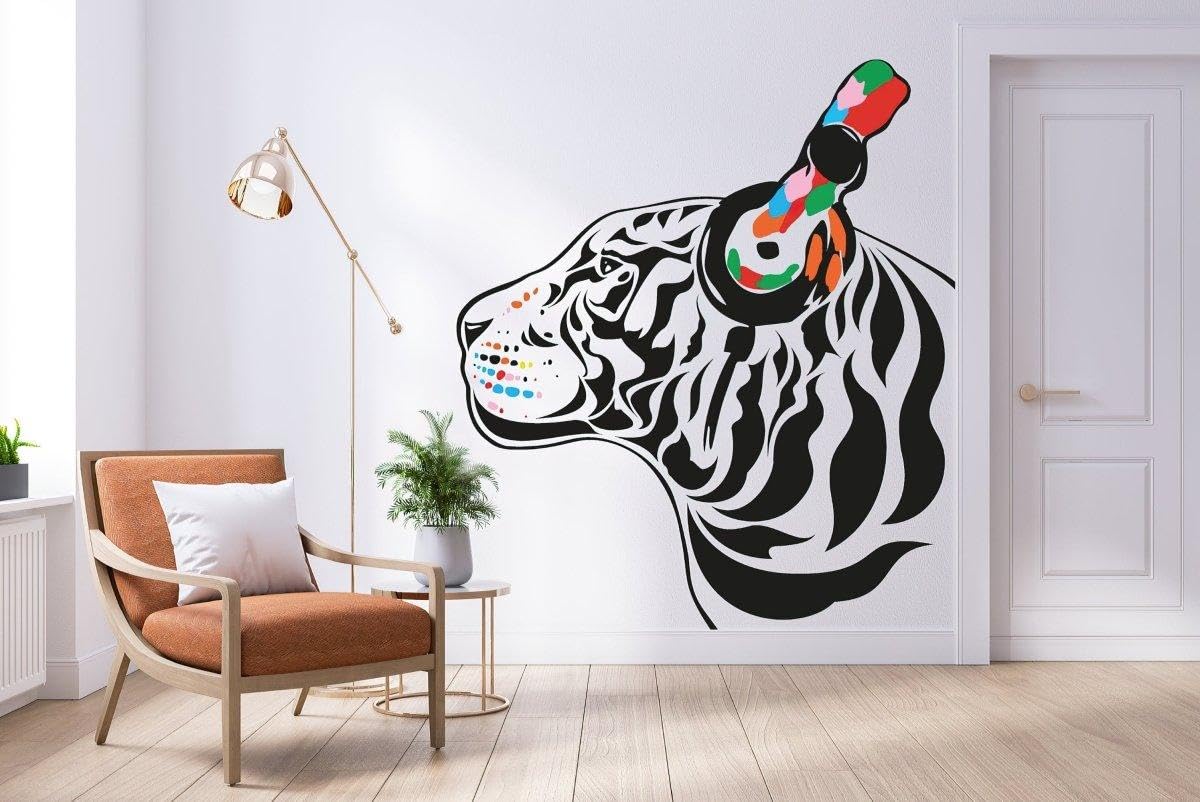 Decalcomania da parete in vinile, motivo: tigre DJ ispirata alla musica, per pareti, 63 x 55 cm, colore: bianco