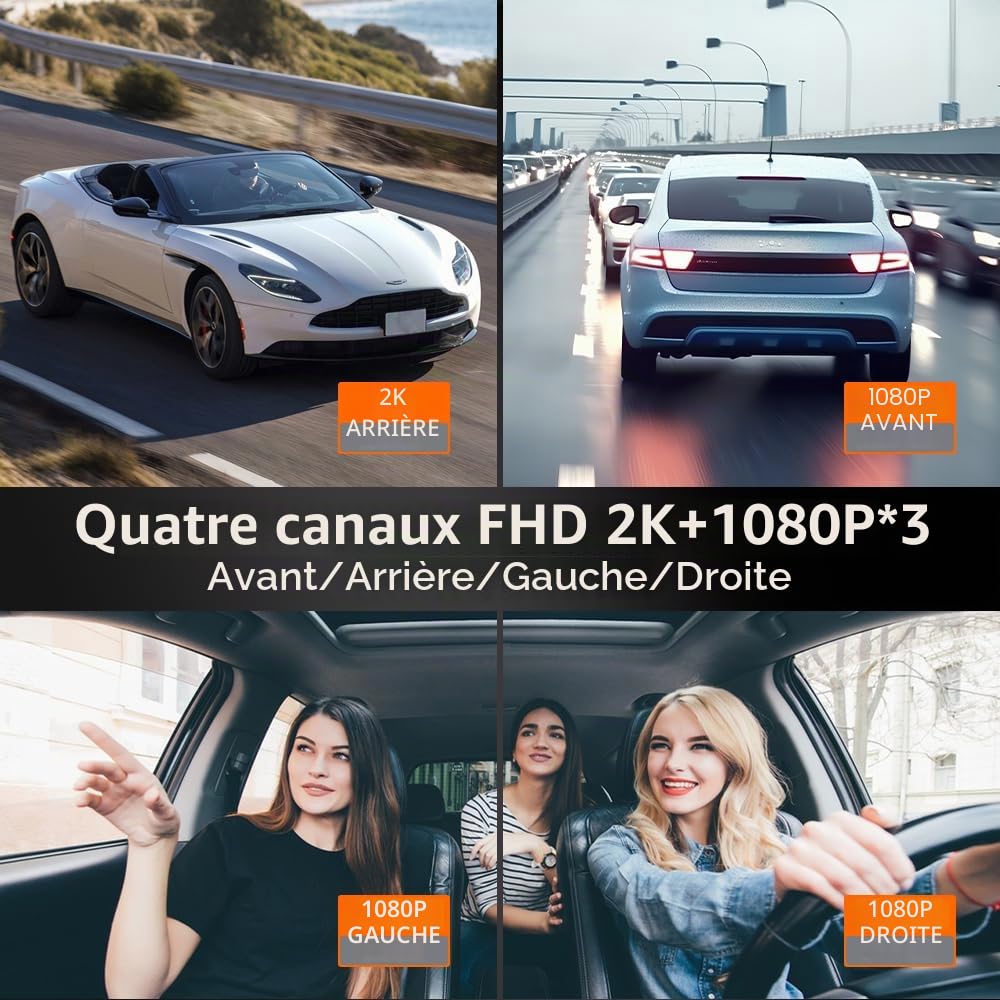 Caméra de tableau de bord 360 ° avant et arrière 4 canaux FHD 4 x 1080p, intérieur/arrière 170° + 2 x 150 ° + 170 ° grand angle, 8 lampes infrarouges, vision nocturne, WiFi 5G, GPS, application