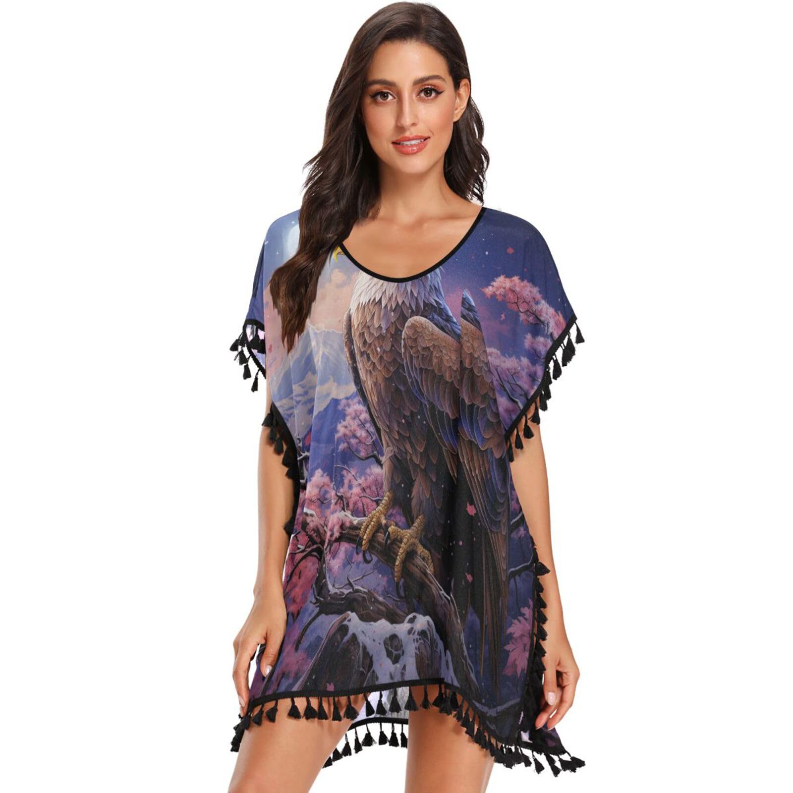 Angry Animal Bald Eagle Women's Beach Cover Up Chiffon Tassel Swimwear Swimsuit Coverups for Girl