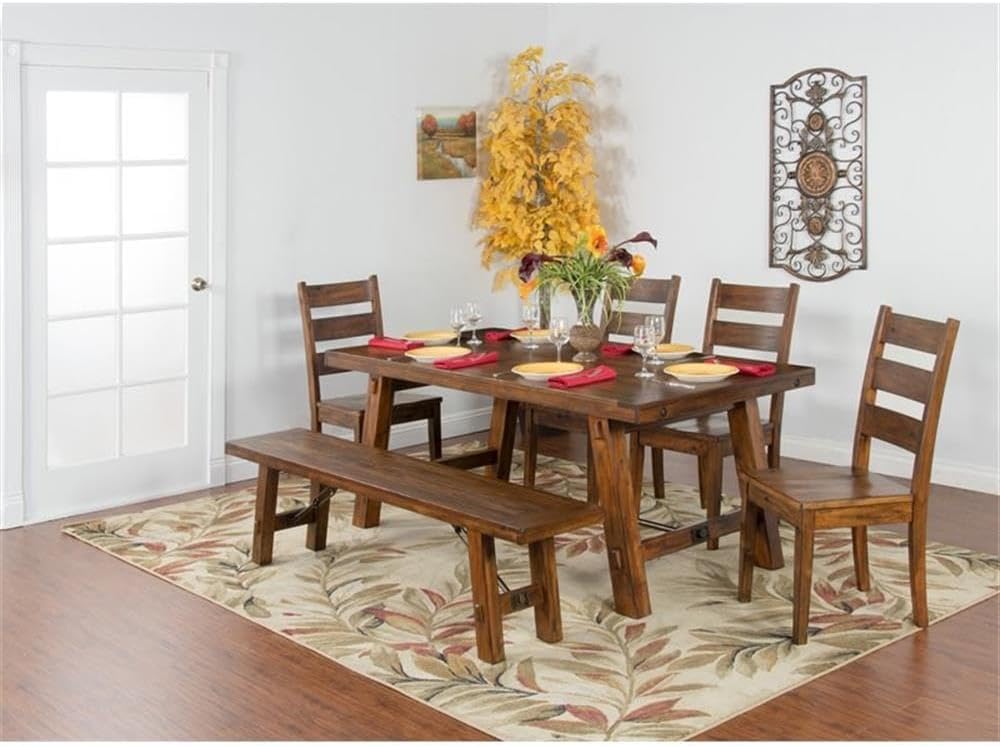 Pemberly Row 18" Wood Bench, Distressed Mahogany, Medium Brown Vintage Mocha Finish, Rustic Turnbuckle Accents, Farmhouse Style, 72" Wide Seating for Kitchen or Dining Room Use