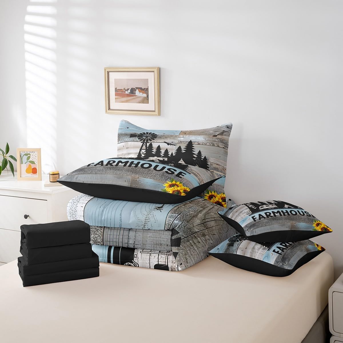 Happy Camping Camper Queen Comforter Set 7pcs Vintage Farmhouse Bedding Comforter Sets, Rustic Old Barn Door Bed in a Bag Retro Windmill Jungle Silhouette Bedding Set RV Travel Trailer Car Sheets Set