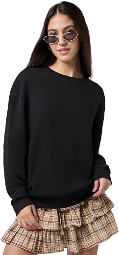 Bewakoof Women's Solid Oversized Fit Full Sleeve Round Neck Cotton Blend Sweatshirt