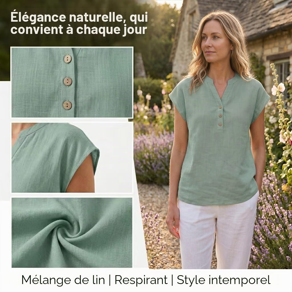 YUTILA Chemisier d'été Henley à manches courtes en coton et lin pour femme