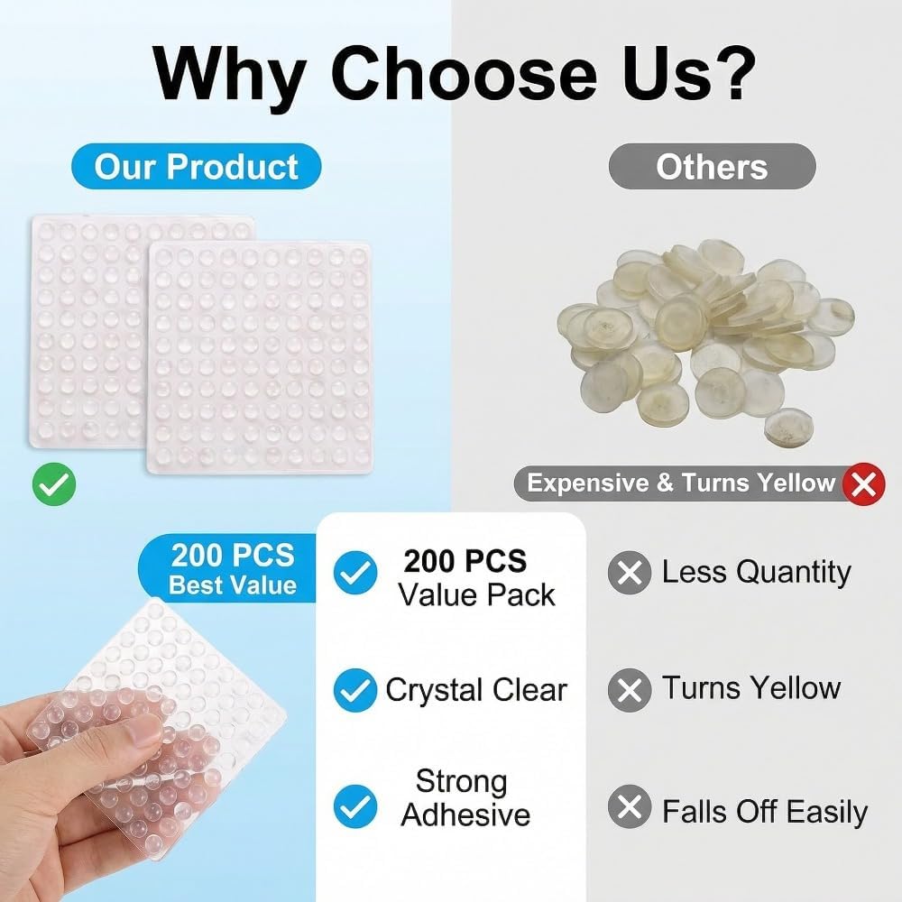 200 PCS Cabinet Door Bumper Rubber Feet, Chair Leg Floor Protectors Furniture Pads, Clear Cabinet Bumpers for Cutting Board Feet, Non Slip Furniture Leg Floor Protectors, Sound Dampening Pads
