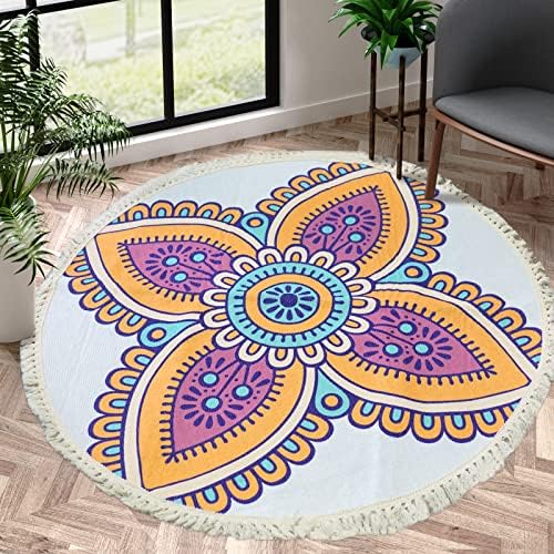 NECHEGI Round Rug for Bedroom Soft Mandala Area Rug with Tassels Washable Non Slip Indoor Sofa Floor Mat Carpet for Living Room Sofa Bedroom Nursery Playroom Decor (Mandala, 3ft)