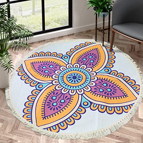 Nechegi Round Rug For Bedroom Soft Mandala Area Rug With Tassels Washable Non Slip Indoor Sofa Floor Mat Carpet For Living Room Sofa Bedroom Nursery Playroom Decor (Mandala, 3Ft) #TOP2