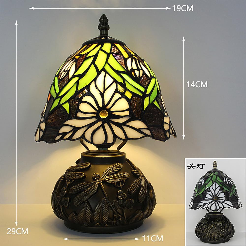 XINYASEE Tischlampe im Tiffany-Stil – pilzförmiger Lampenschirm aus Buntglas, Sockel mit Libellengravur, Retro-Nachttischlampe für Schlafzimmer, Wohnzimmer, Heimdekoration (Blumen-B)