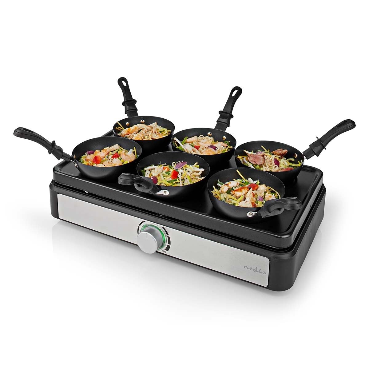 NEDIS FCRA310FBK6 set wok da tavola – per 6 persone – con mini wok e spatole – regolazione della temperatura – rivestimento antiaderente – design rettangolare – nero