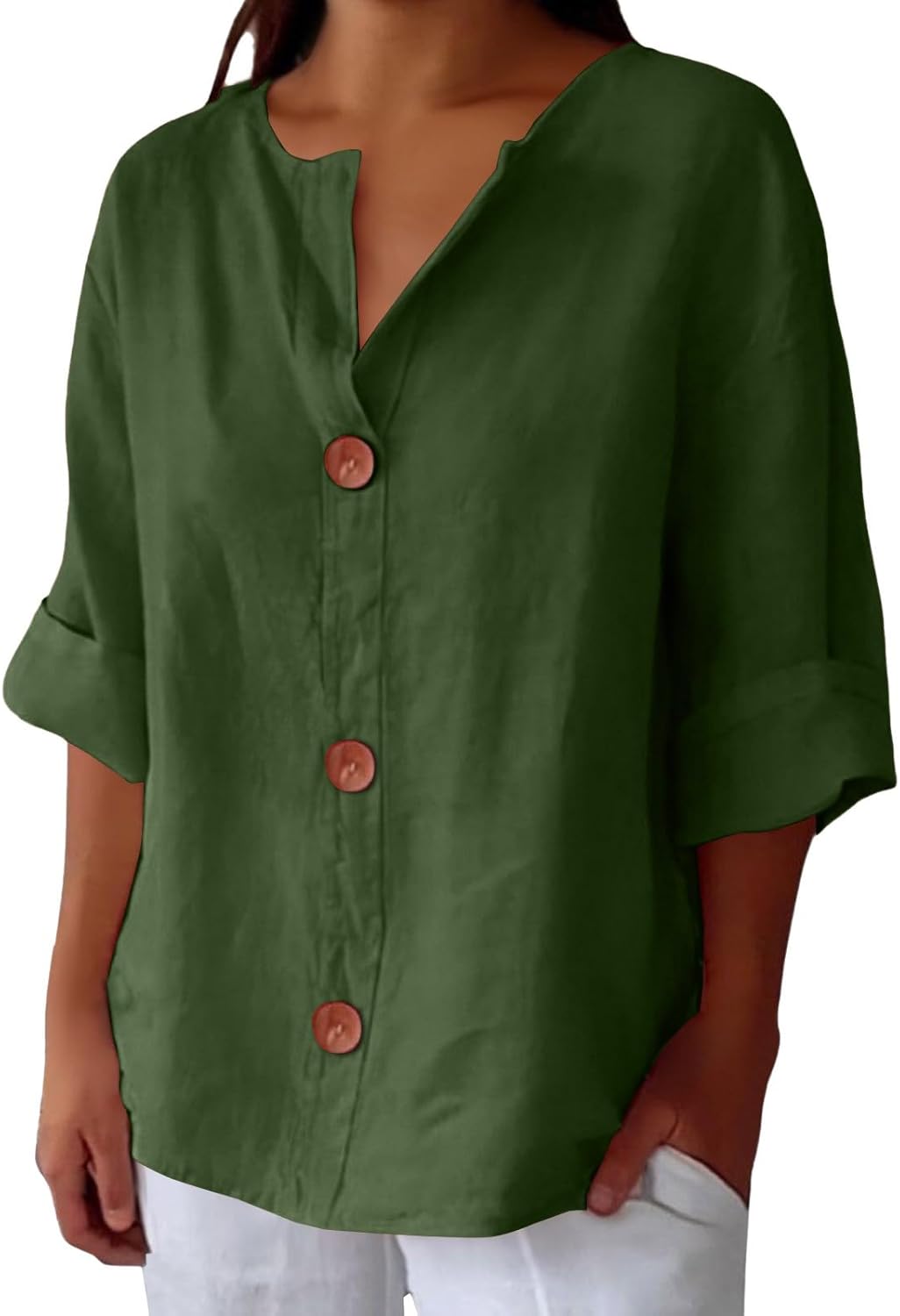 Womens Linen Tops Short Plus Size Spring Blouse Clearance Linen Shirts for Women Summer Cotton Linen V Neck 3/4 Sleeve Top Loose Vacation Beach Solid Blouses Tunic Top
