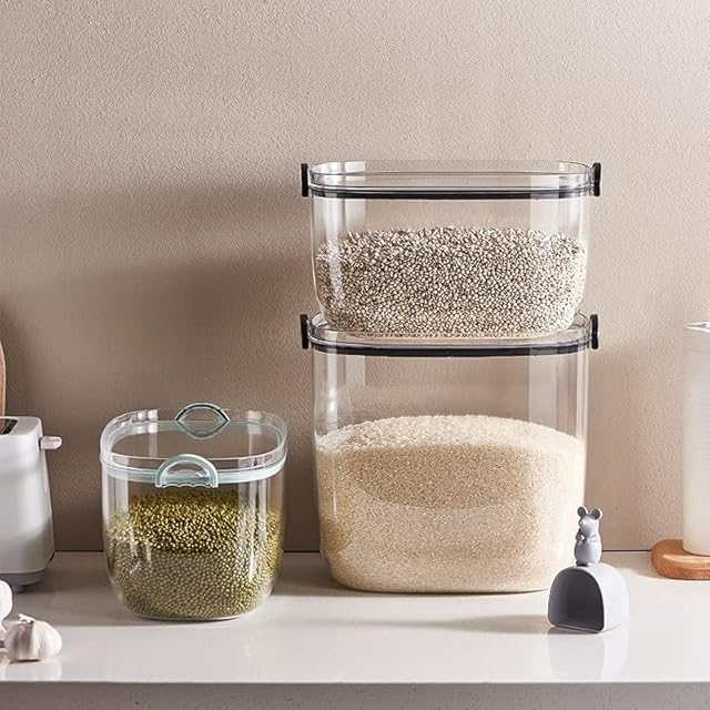 Large Storage Box for Grains and Rice, Modern Kitchen Container with Air-tight Sealing and scoop for Rice, Cereal, Beans, Coffee, Flour (Green, 5kg)