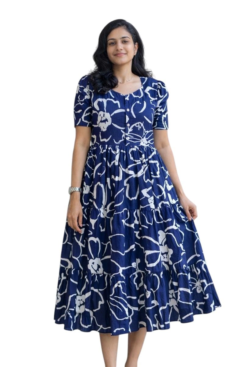 Women's Blue Floral Print Tiered Midi Dress, Short Sleeve, Button-Front, Casual Summer Wear-picture-39