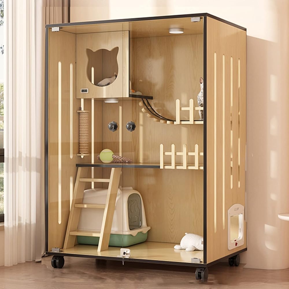 Recinzione per gatti, grande casetta in legno per interni ed esterni, con porte di fuga e rotelle, gabbia per gatti chiusa multi-funzione, per casa o negozio di animali domestici