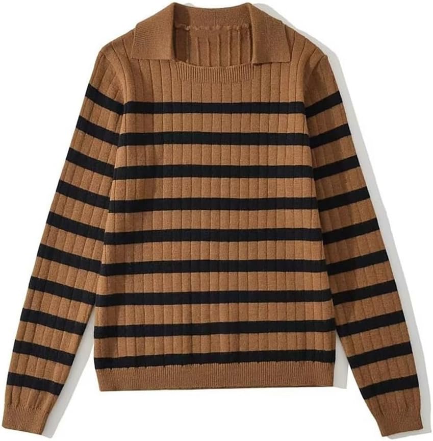 Autumn and Winter Striped Knitted Sweater Lapel Loose Casual Women's Clothing