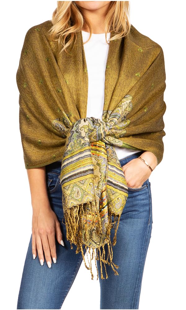 Sakkas Women's 23-D2-Olive 18200 - Gianna Silky Soft Reversible Floral Woven Pashmina Scarf Shawl Wrap - Os