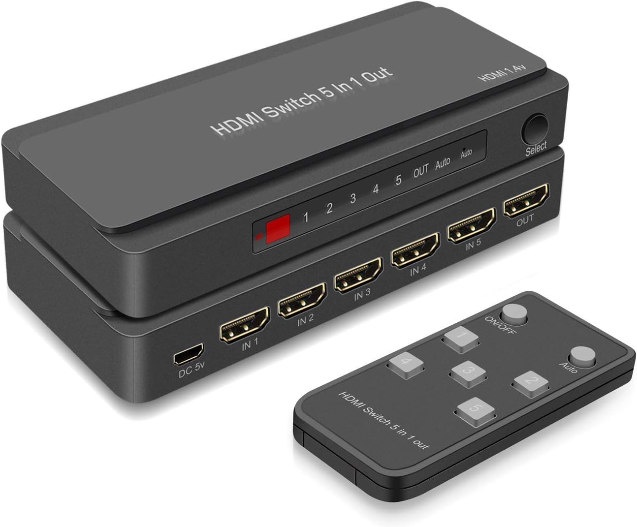 RuiPuo5Por tHDMI Switcher, HDMI Selector 5 in 1 Out with PIP Function and IR Wireless Remote Control for Fire Stick, Xbox, PS3/4, Roku, Apple TV and DVD Players ect Support 4K, 3D Ultra HD