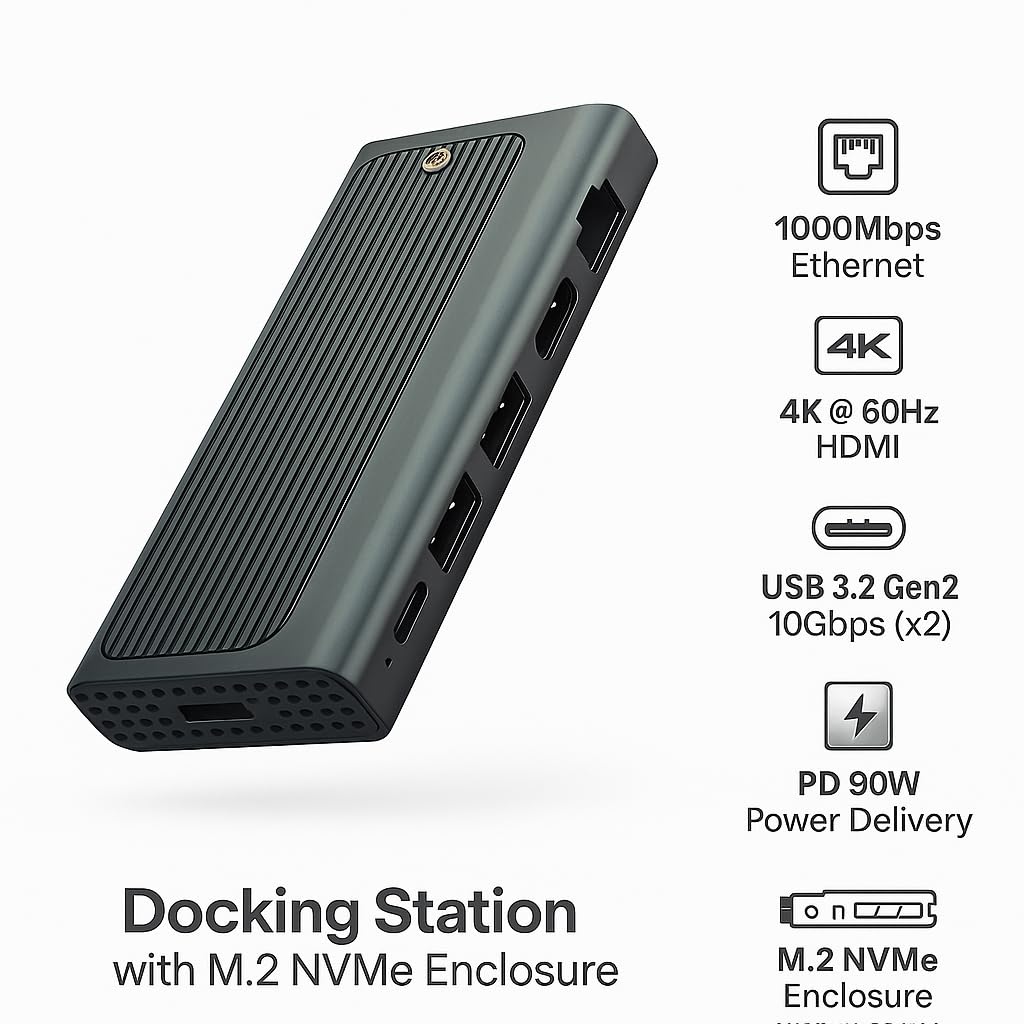 Coverzone USB-C Docking Station with M.2 NVMe Enclosure – 4K 60Hz HDMI, 1000Mbps Ethernet, 2×USB 3.2 Gen2 10Gbps, 90W PD Şarj Desteği, 2280/2242 NVMe SSD Harici Disk Kutusu | ZR1145