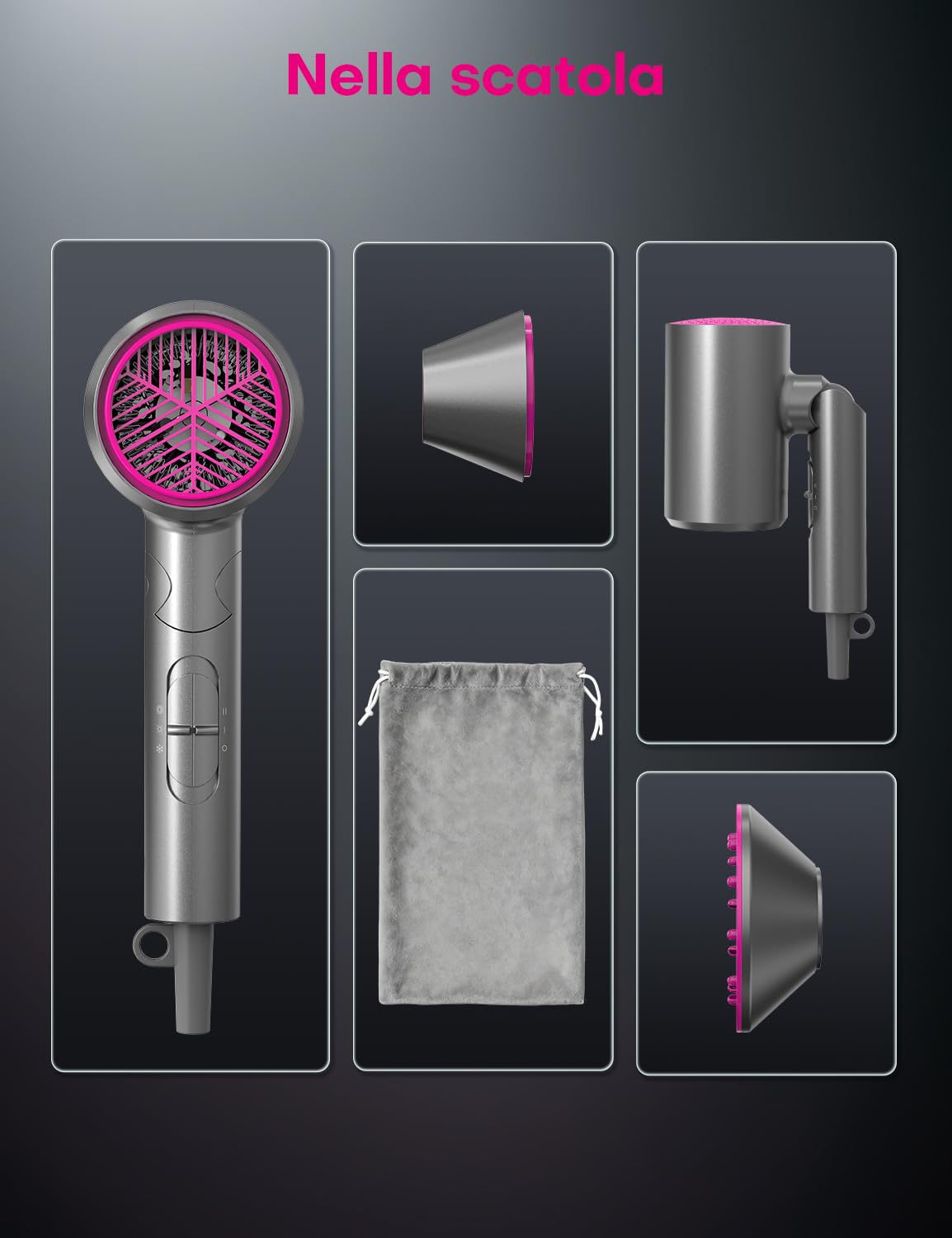 1800W Asciugacapelli Ionico Phone per Capelli Professionale Ioni AC Motore Phon Capelli con 2 Impostazioni di Calore, Tasto Aria Fredda con 1 Diffusore e 1 Concentratori per （Grigio）
