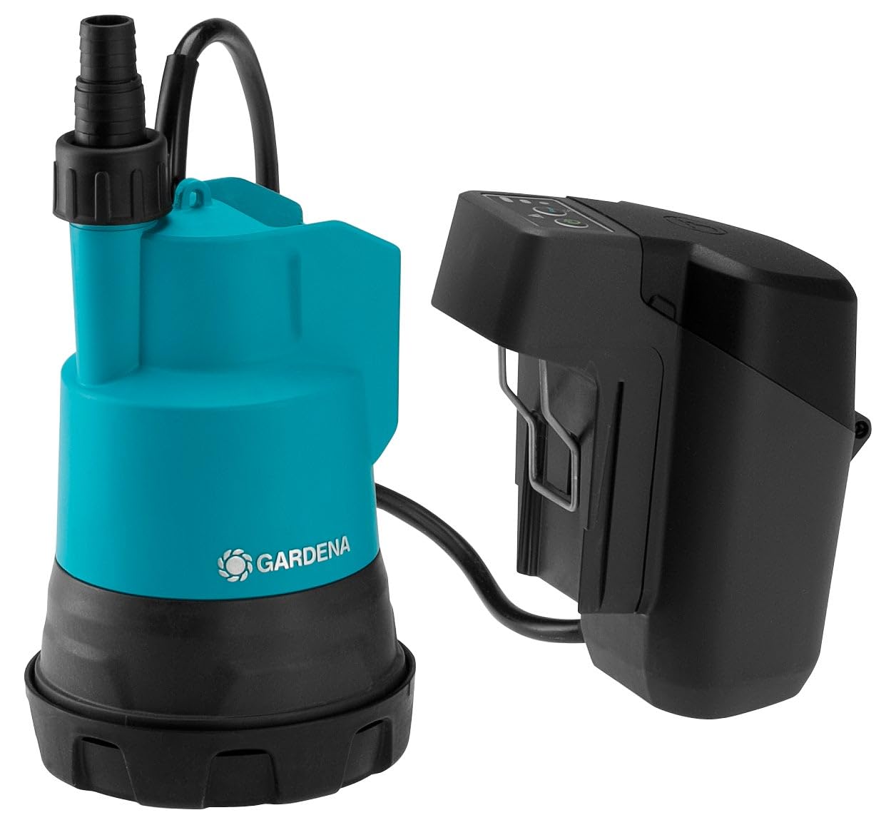 Gardena Bomba sumergible de agua limpia con batería 2000/2 18V P4A Set listo para usar: Alto caudal y presión, Niveles de potencia regulables, Filtro integrado (14600-20)