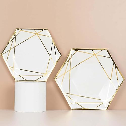 Miniatura 5 de Efavormart - Paquete de 25 platos de papel hexagonales de postre blancodorado de 7 pulgadas, platos de aperitivos, platos desechables para fiestas