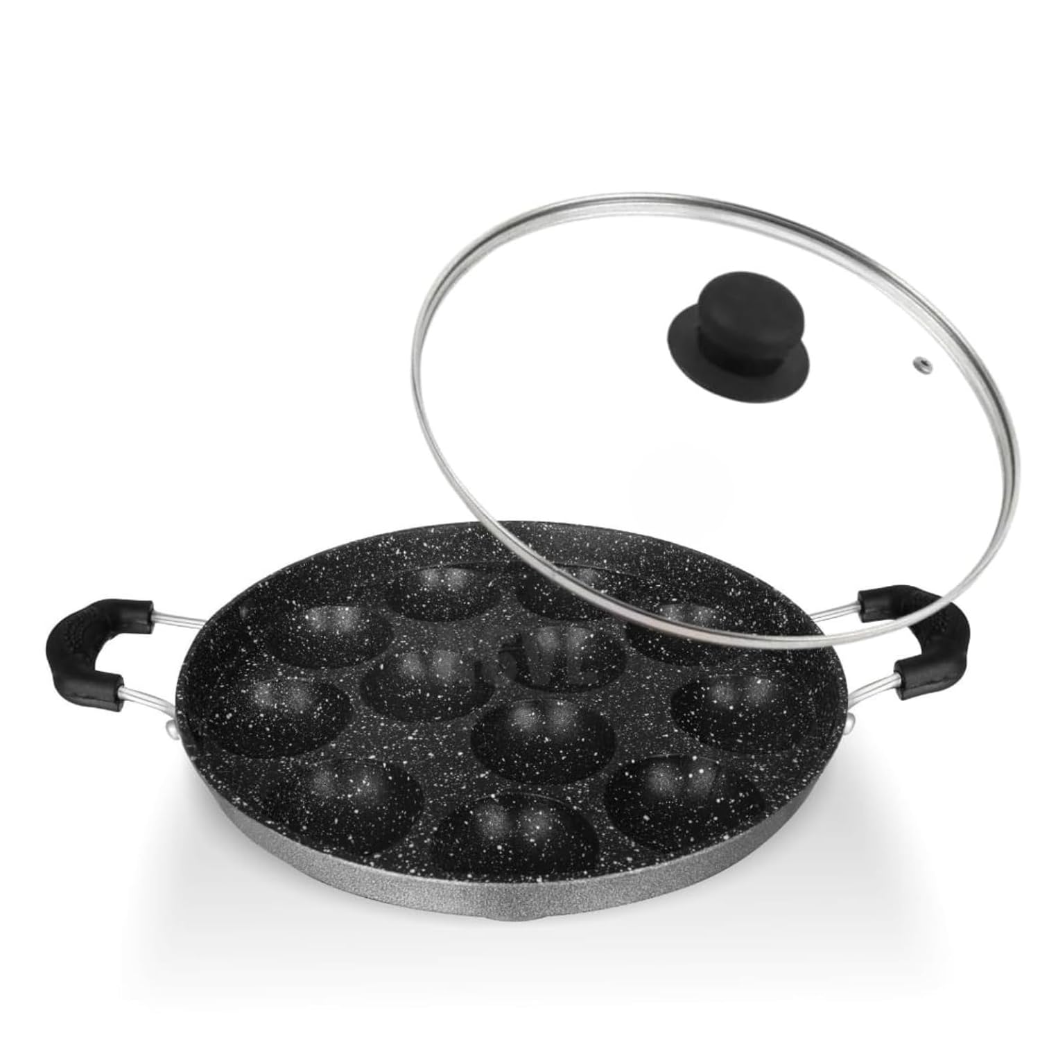 Non-Stick 12-Cavity Appam Patra with Dual Side Handles & Stainless Steel Lid | Multipurpose Appam Maker, Litti Maker, Appe Stand, Grill Pan