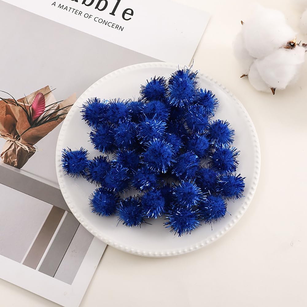 100 Pcs Small Sparkle Balls, Tinsel Pom Poms Puff Balls Glitter Pompoms for Arts Crafts DIY Christmas (Sapphire Blue)