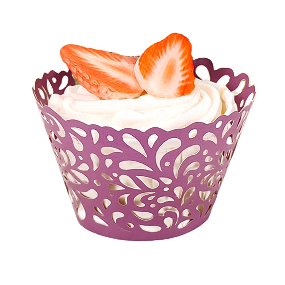 KOSTOO 50Pcs Cupcake Wrappers Water Droplet Hollowing Out Artistic Bake Cake Paper Lace Laser Cut Liner Baking Cup Wraps Muffin for Wedding Party Birthday Decoration (Purple)
