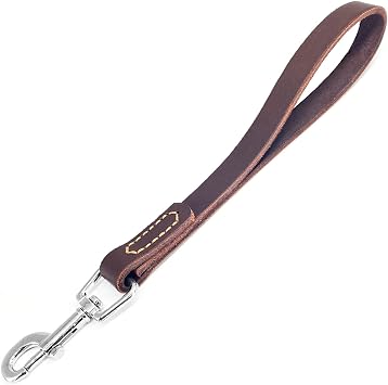 Leather Short Dog Lead, Strong Traffic Pet Lead with 360º Heavy Duty Metal Hook, Short Dog Leash for Big Large Medium Dogs Tr