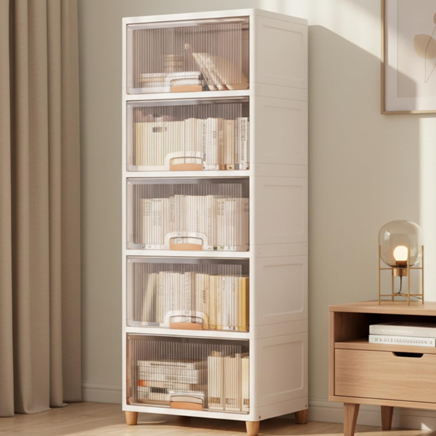 JD FRESH 5 Tier X-Large Cupboard for Storage/Stackable Plastic Storage Cabinet/Foldable Wardrobe for Clothes/Multipurpose Storage Organizer/Closet for Bedroom/Living Room/Kitchen (Transparent & White)-image-46