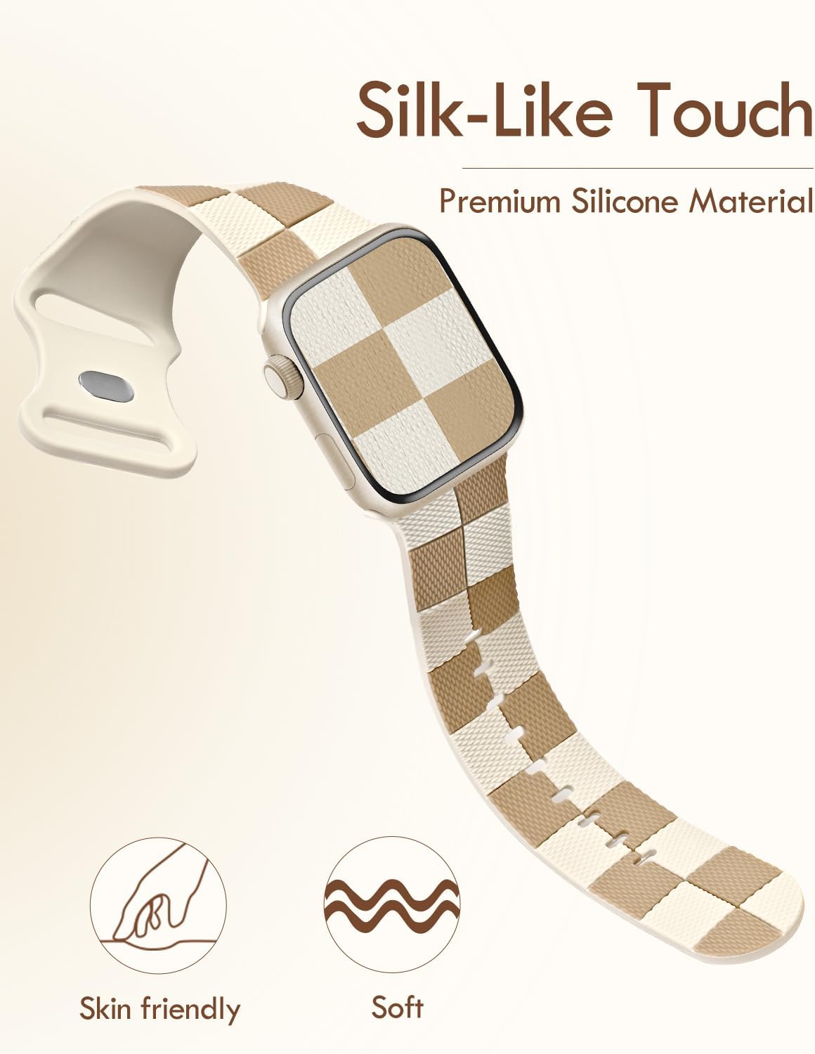 Checkered Silicone Strap for Apple Watch Bands 40mm 41mm 38mm, Cute Soft Bracelet Compatible with Series 10(42mm) 9 8 7 6 5 4 3 2 iWatch Band, Special Wristband for Apple Watch Band SE Women Men Beige - Image 2