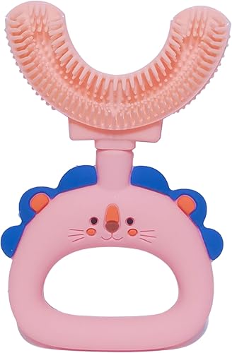 Cepillo de dientes en forma de U para niños, edad 2-12, material de silicona, cepillo de dientes rosa