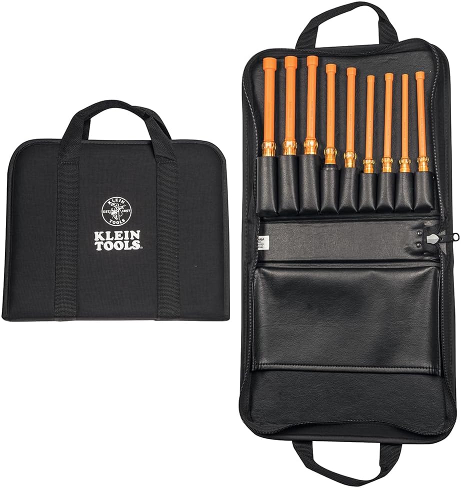 Klein Tools 33524 Tool Kit, 1000V Insulated Nut Driver Set, Sizes 3/16, 1/4, 5/16, 11/32, 3/8,7/16,1/2,9/16,5/8-Inch, with Case, 9-Piece