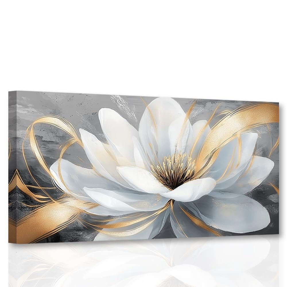 CXHOSTENT White Flower Wall Art Floral Painting White and Gold Flower Picture Large Botanical Prints Modern Artwork Living Room Decor Framed (30L x 60W cm)