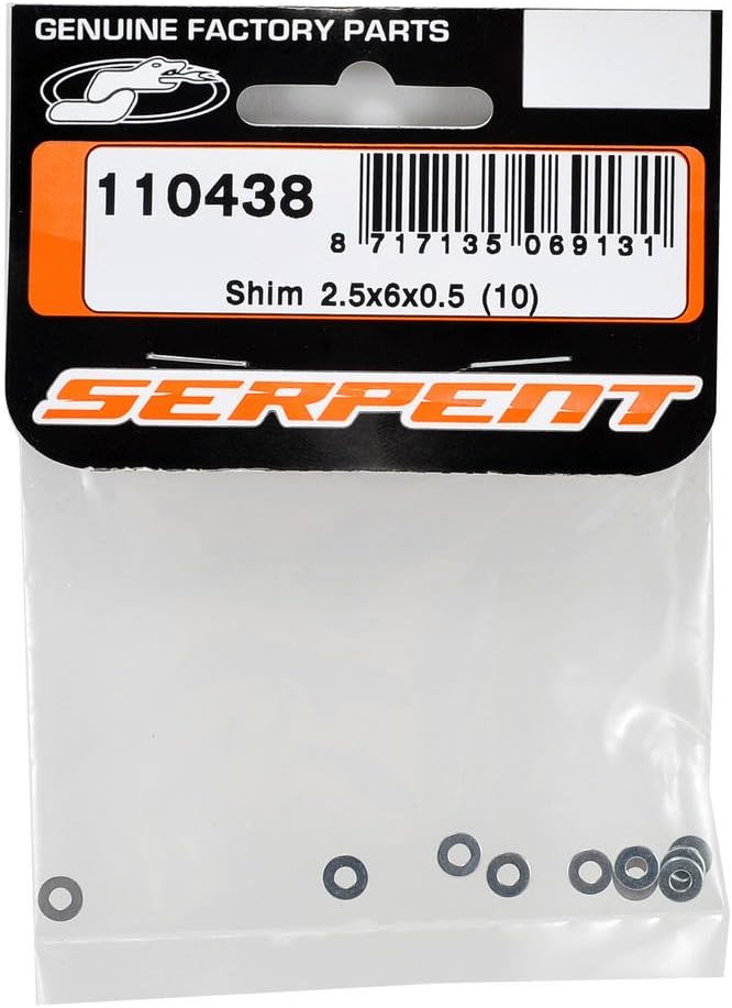 Close-up of multiple Serpent 2.5x6x0.5mm shims, showing their thin, circular design.