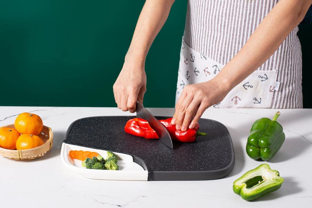 Royal Cuisine 2in 1 Plastic Chopping Cutting Board, Thick Cutting Board with Dishwasher Safe, Hanging Hole Large Size (35.cm x 25.4cm) (Black Marble)