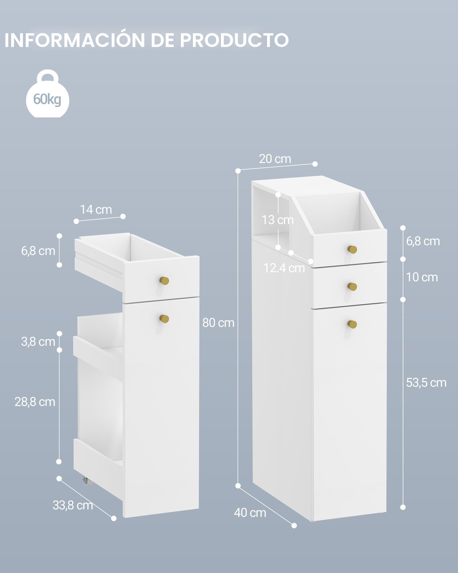 Hzuaneri Mueble de Baño, con cajones, Estrecho de Pie, Pequeño Mueble para Papel higiénico, Mueble Baños Pequeño, Fondo con Ruedas, para Baño, Cocina, Salón, 40 x 20 x 80 cm, Blanco BC22003X