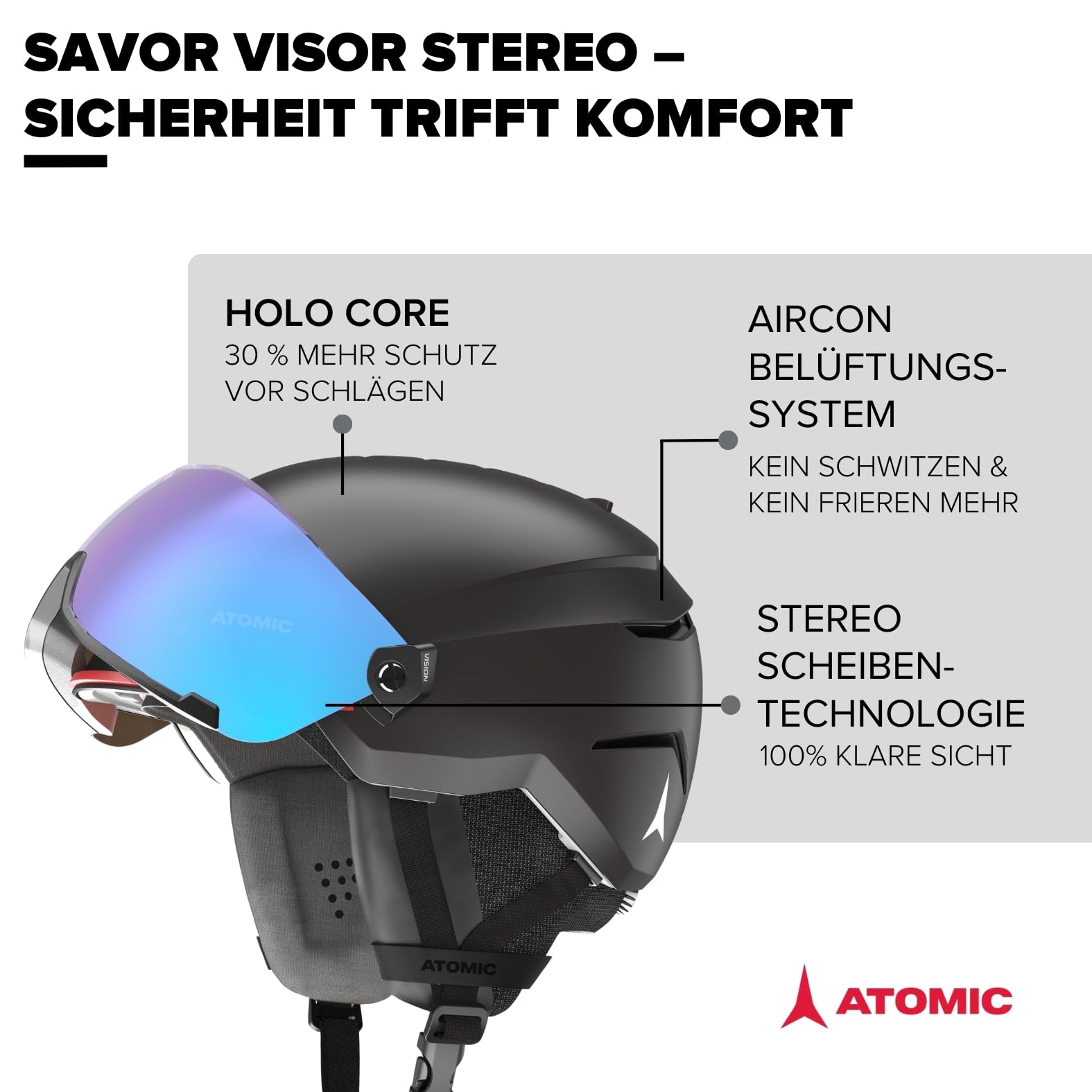 Atomic Savor Visor Stereo Skihelm mit Visier - Snowboard- & Ski-Helm mit Brille - 360° Fit System & Active Aircon Belüftungssystem - Holo Core für maximale Stoßdämpfung