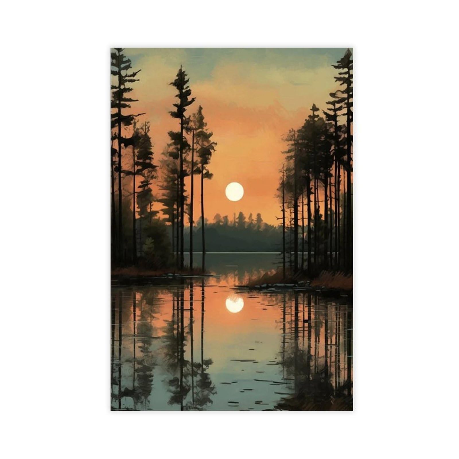 Bareronor Pine Forest Lake Reflection Canvas Poster Bedroom Decor Landscape Office Room Decor Gift 8" L X 12" W