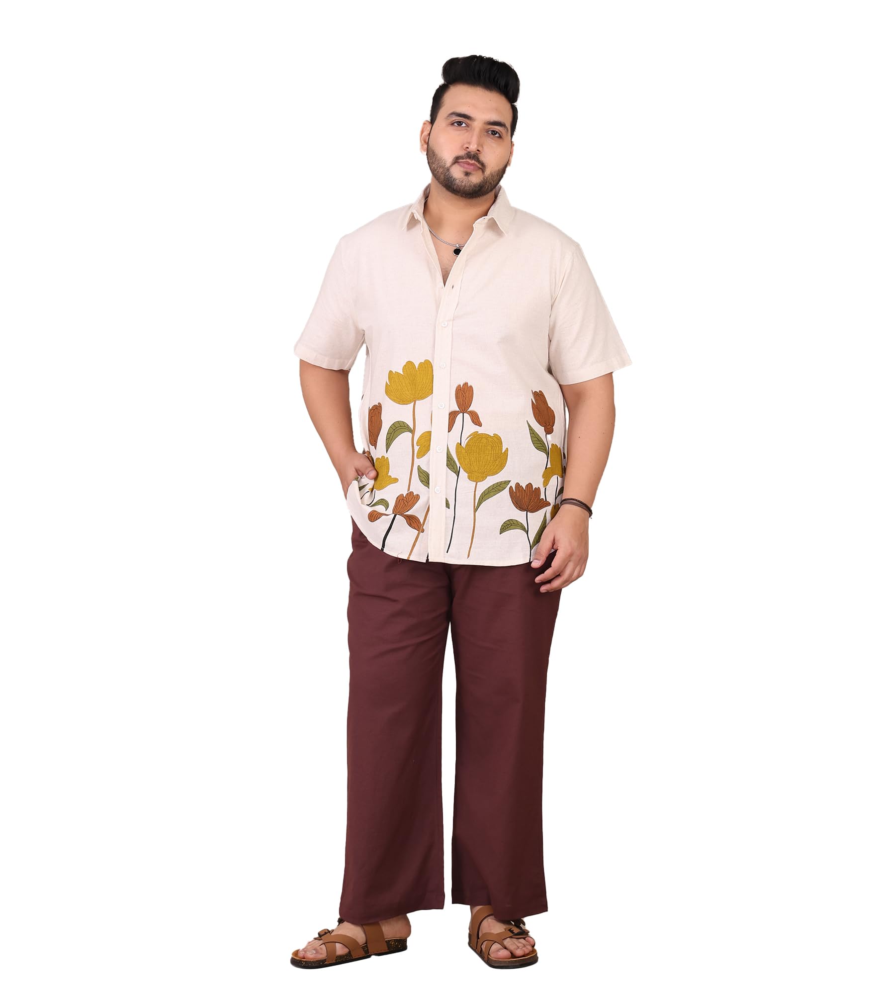 amanush Men's Floral Printed Pure Cotton Co-Ord Set For Men|2 Piece Sets|Trouser & Shirts Combo|Half Sleeves|Vacation Dress|Casual|Latest|New (Off White)-picture-43
