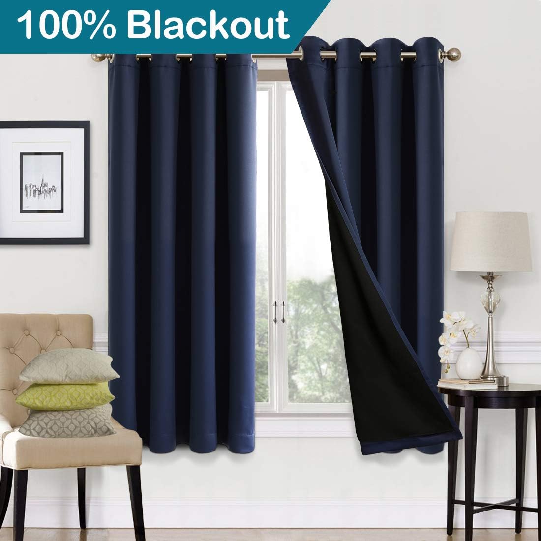 EASELAND Blackout Curtains 2 Panels Set Room Drapes Thermal Insulated Solid Grommets Window Treatment Pair for Bedroom, Nursery, Living Room,Lined Navy,W52xL63
