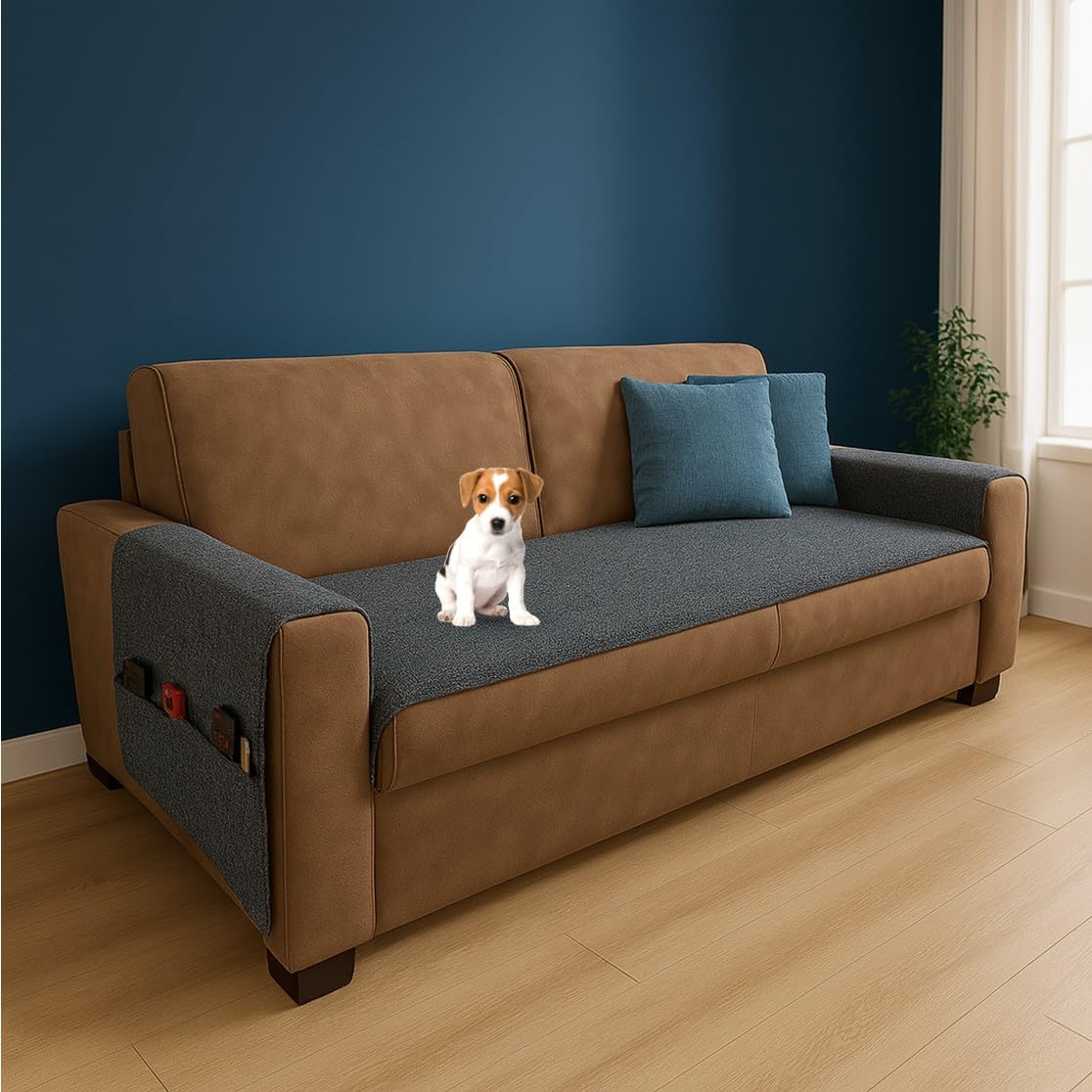 Farè – Runner Copriseduta Divano Impermeabile con Copribraccioli e Tasche Organizer - Copridivano Universale Antimacchia - Ideale per cani, gatti e bambini - Armor Antracite