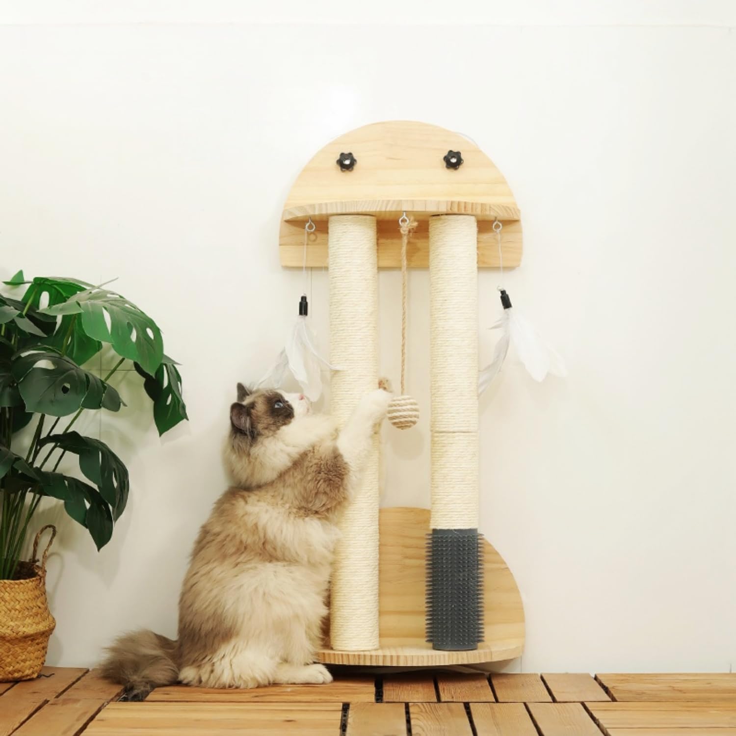 SHENGOCASE Tiragraffi da parete in legno naturale con ventose, giocattolo a forma di palla di piume e toelettatura, mobili da parete per gatti