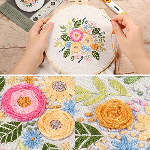Aboofx Embroidery Kit, Embroidery Starter Kit with Pattern and Instructions, Cross Stitch Kit Include 1 Embroidery Clothes with Floral Pattern, 1 Plastic Embroidery Hoops,Color Threads and Tools