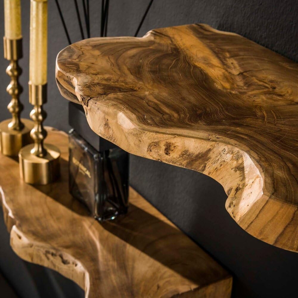 RINGO-Living Massivholz Schweberegal Baumkante in Natur-dunkel, Wandregale 3er Set 40 cm, Landhaus Wandregal aus Teakholz, Schlichtes Wandregal Holz, Massiv Natur Holzbrett Wand Echtholz