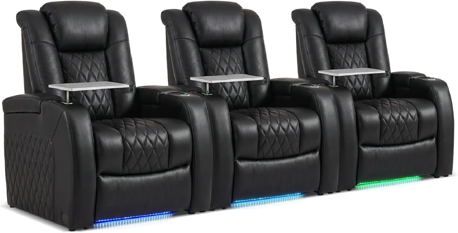 PBRO Home Theater Seating Top Grain Leather, Movie Theater Seats for Home, 3 Set Black Recliner Sofa with Power Reclining & Headrest USB Charging Ports Cup Holder Ambient Lighting