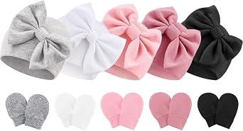 Newborn Baby Hats and Mittens Set Infant Bow Beanie Cap Toddler Gloves Newborn Hospital Hats for Baby Boy Girl 0-6 Months